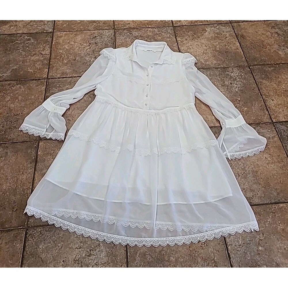 Korean Women Princess White  Long Sleeve Ruffle Bridgington  Beach Dress Flowy S